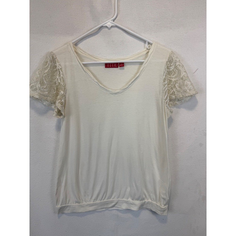 Elle Top Cream Lace Flutter Sleeve V-Neck Banded Hem Knit Shirt Ivory Small